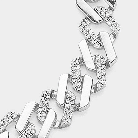 Silver Chunky Rhinestone Chain Link Bracelet Metal Thick Bold Crystal Jewelry - Picture 3 of 3